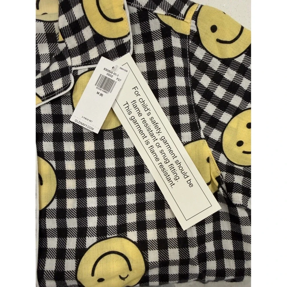 Old Navy Girls Pajama Set Size 8 M Black White Checkered Smiley Face 2pc NWT